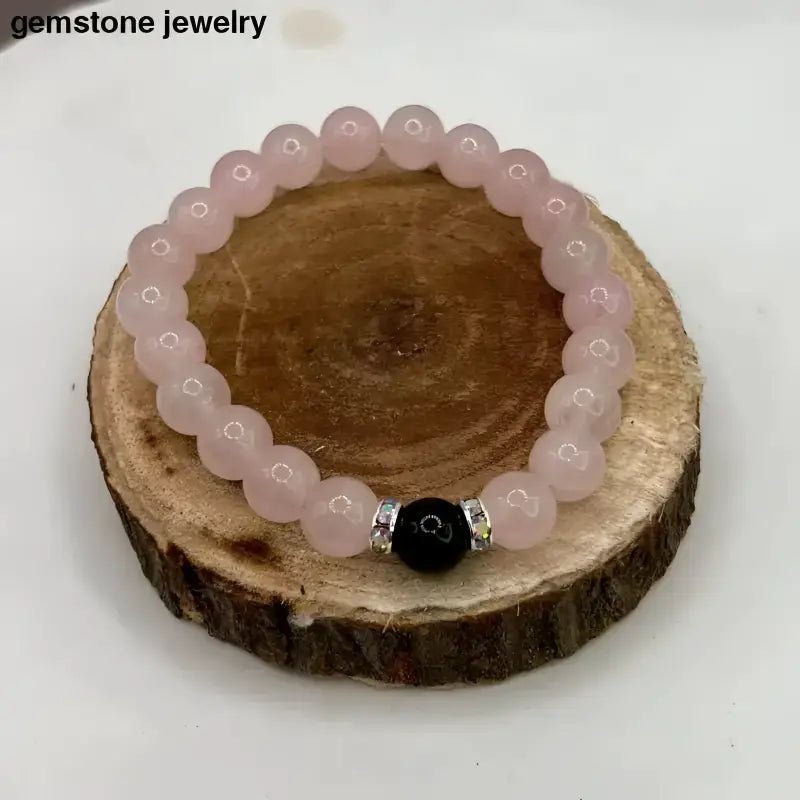 Pink Rose Quartz Bracelet with Black Accent Bead - Bec Sue Jewelry Shop