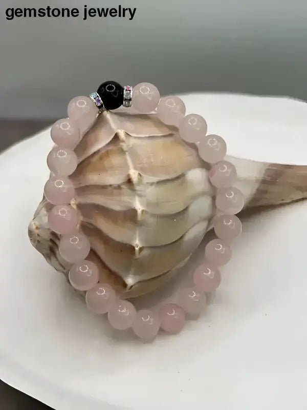 Pink Rose Quartz Bracelet with Black Accent Bead - Bec Sue Jewelry Shop