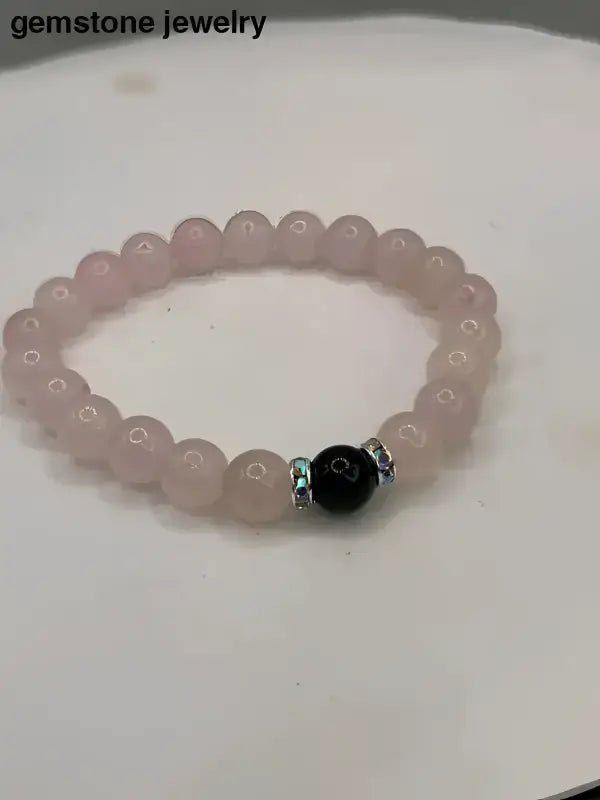 Pink Rose Quartz Bracelet with Black Accent Bead - Bec Sue Jewelry Shop