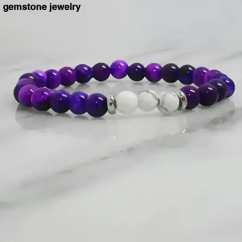 Purple and White Howlite Stretch Bracelet with Metallic Accents - Bec Sue Jewelry Shop