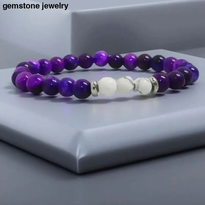 Purple and White Howlite Stretch Bracelet with Metallic Accents for stylish accessory lovers
