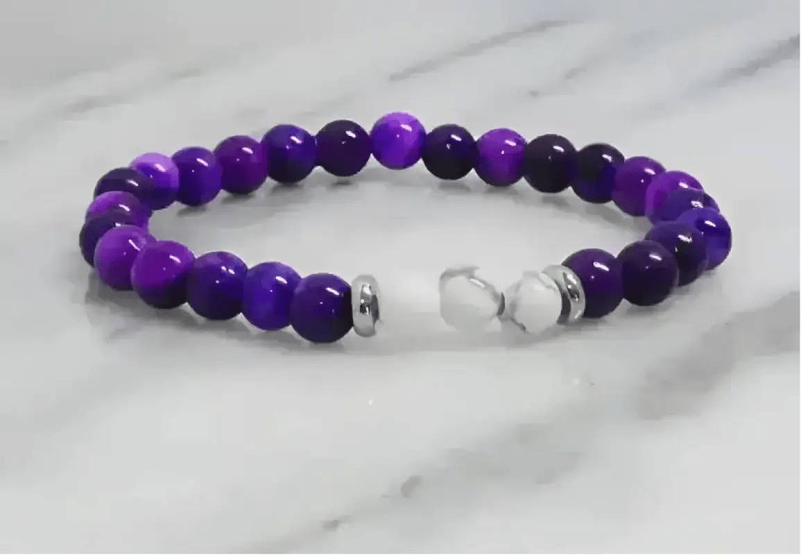 Purple and White Howlite Stretch Bracelet with Metallic Accents - Bec Sue Jewelry Shop