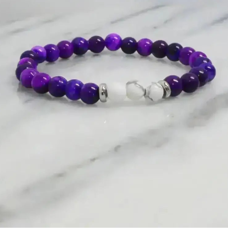 Purple and White Howlite Stretch Bracelet with Metallic Accents - Bec Sue Jewelry Shop