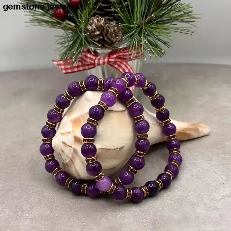 Purple Beaded Bracelet with Gold Rhinestone Accents - Bec Sue Jewelry Shop
