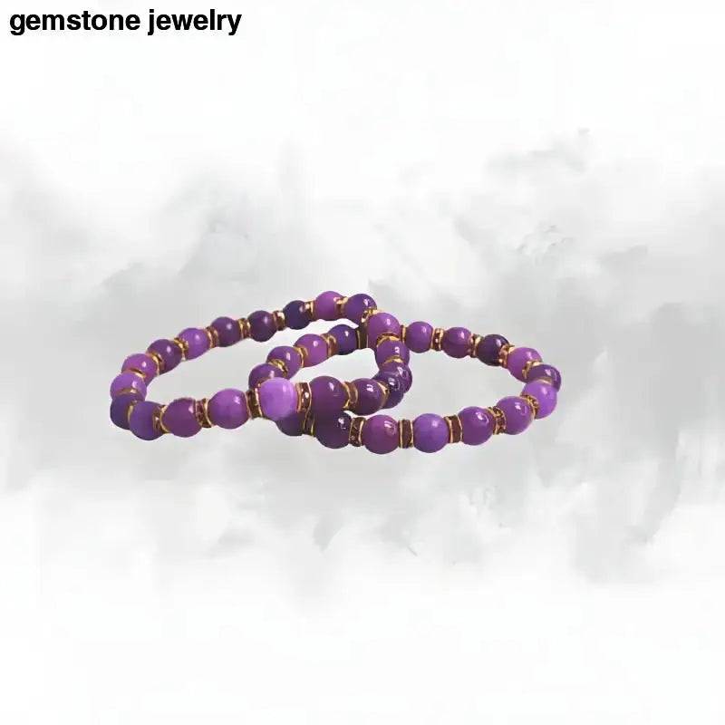 Purple Beaded Stretch Bracelet with Gold Rhinestone Spacer Beads - Bec Sue Jewelry Shop