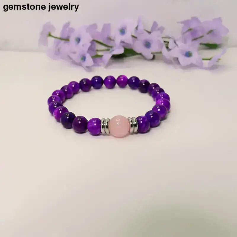 Purple Gemstone Bracelet with 10mm Rose Quartz Center Bead - Bec Sue Jewelry Shop