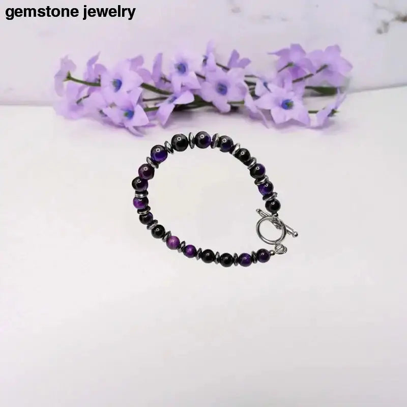 Purple Gemstone Bracelet with Black Beads and Silver Clasp - Bec Sue Jewelry Shop