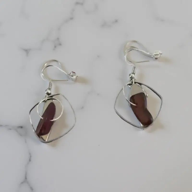 Red Glass Earrings with Silver Frames, Sea Glass Earrings - Bec Sue Jewelry Shop
