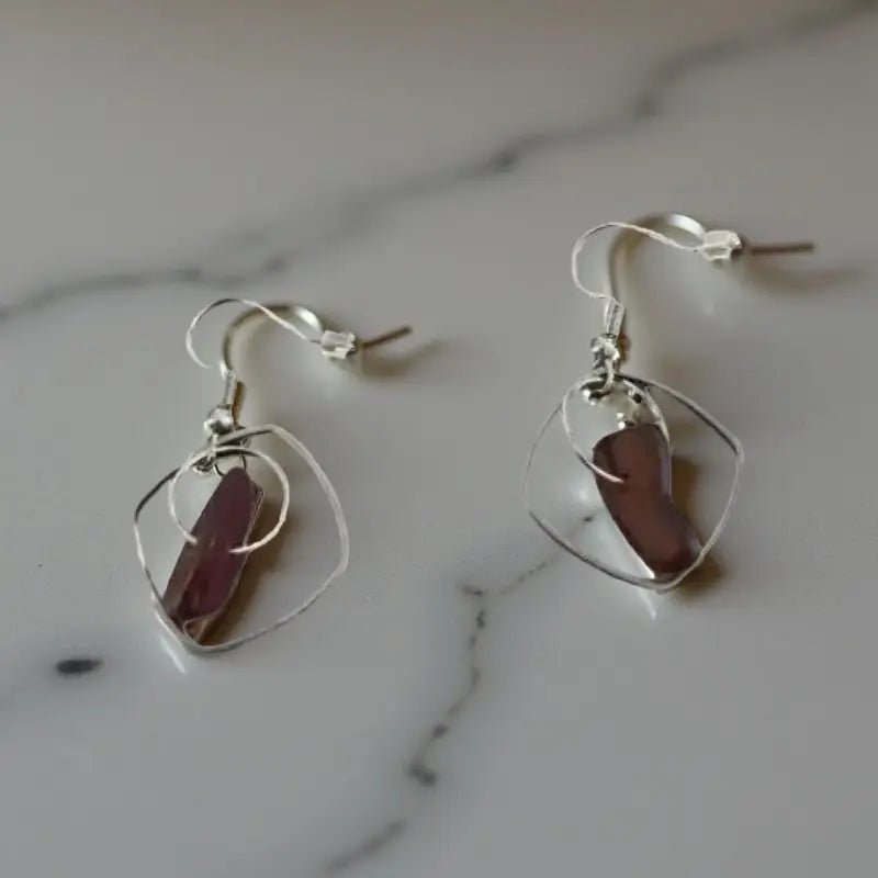 Red Glass Earrings with Silver Frames, Sea Glass Earrings - Bec Sue Jewelry Shop