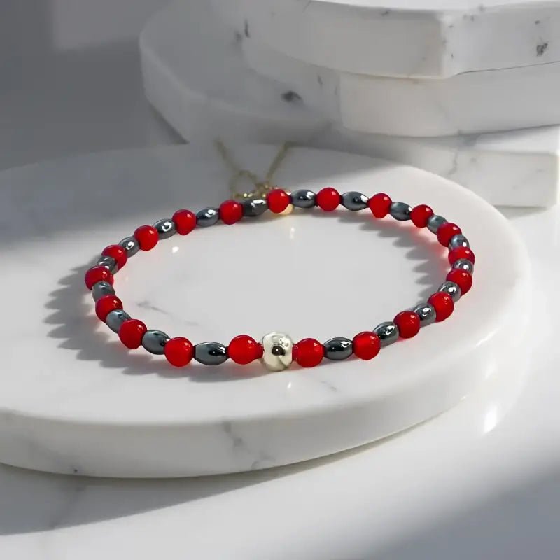 Red Hematite Beaded Stretch Bracelet with Silver Accent - Bec Sue Jewelry Shop
