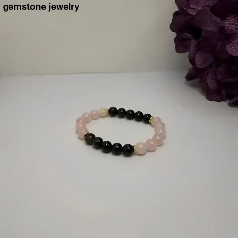 Rose Quartz and Black Onyx Bracelet with Gold Spacers for Wrist Size - Bec Sue Jewelry Shop