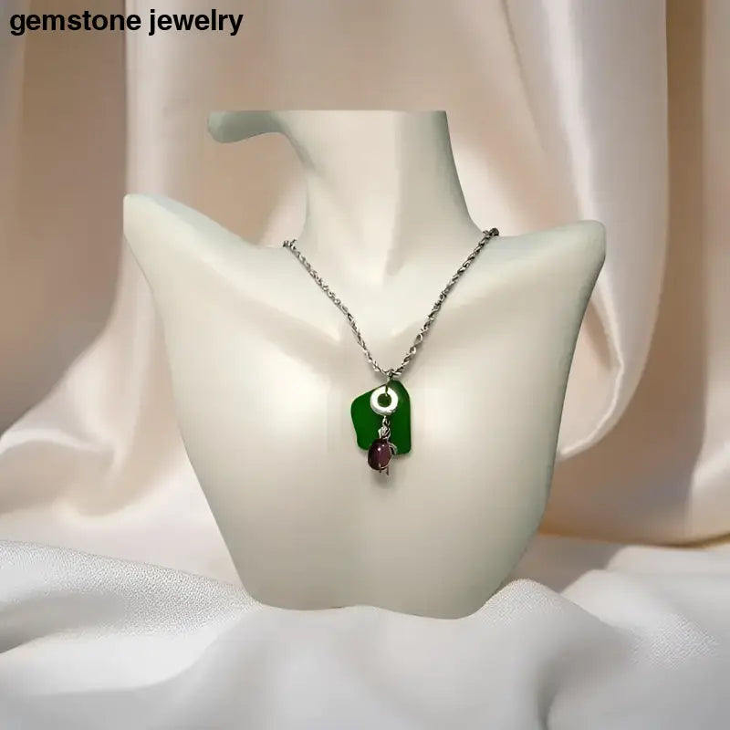 Green genuine sea glass pendant on Silver Turtle Necklace showcasing handcrafted sea glass pendant