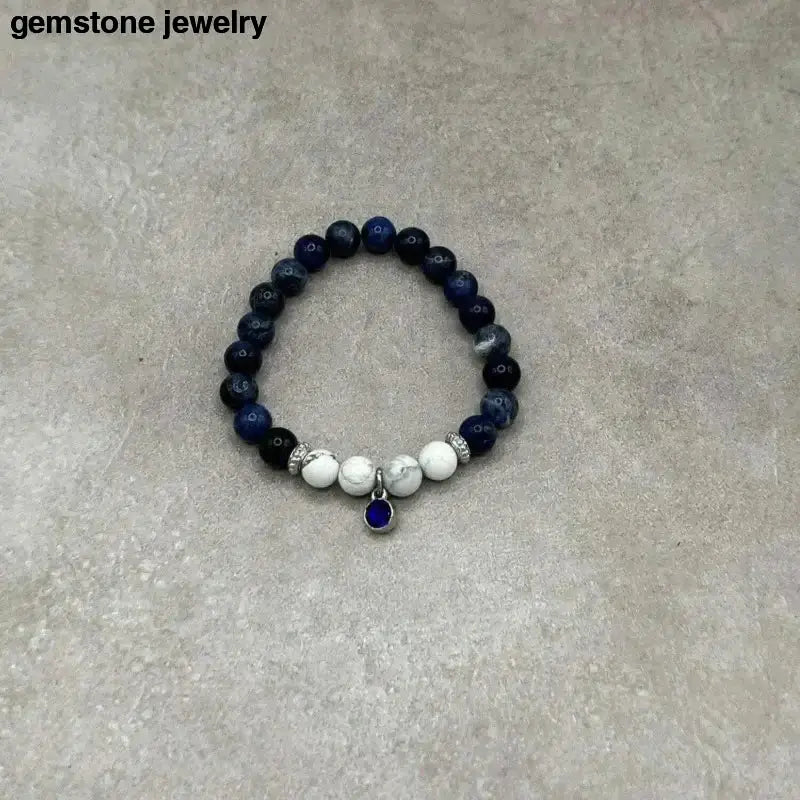 Sodalite Gemstone Elastic Bead Bracelet with Blue Pendant - Bec Sue Jewelry Shop