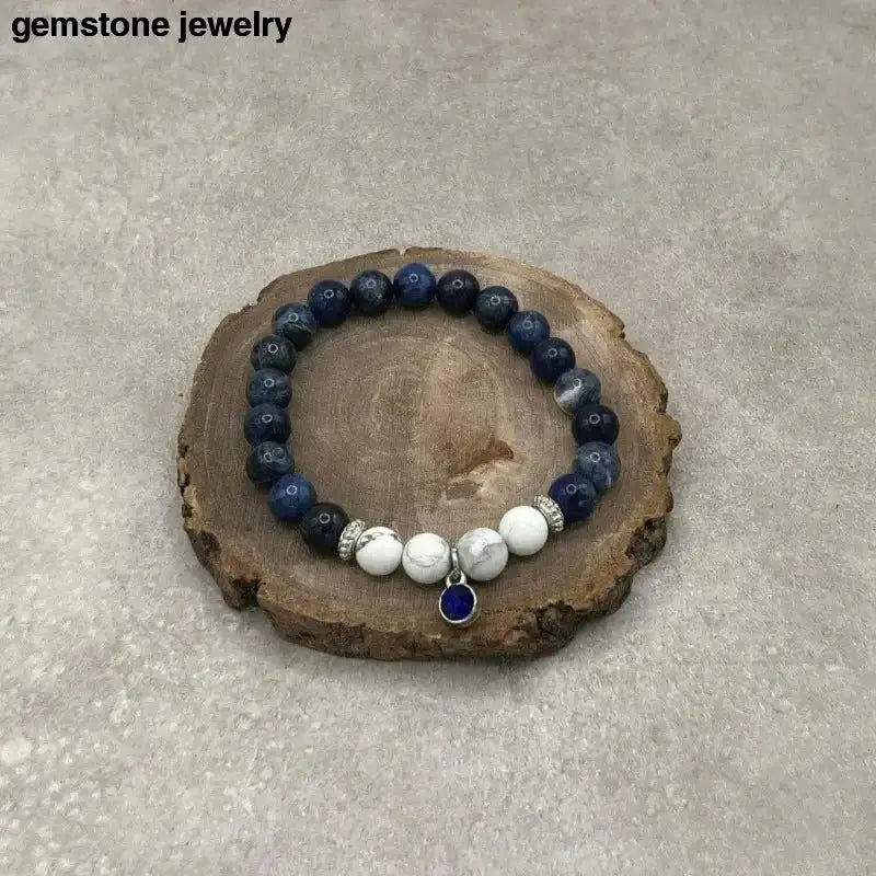 Sodalite Gemstone Elastic Bead Bracelet with Blue Pendant - Bec Sue Jewelry Shop