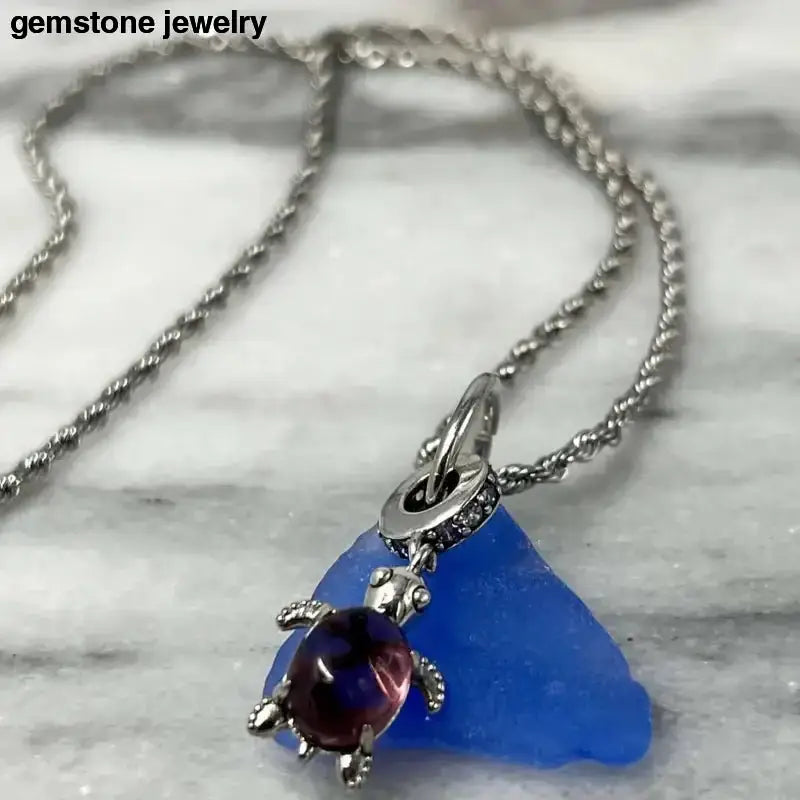 Teal Sea Glass Turtle Necklace with Gemstone Charm - Bec Sue Jewelry Shop