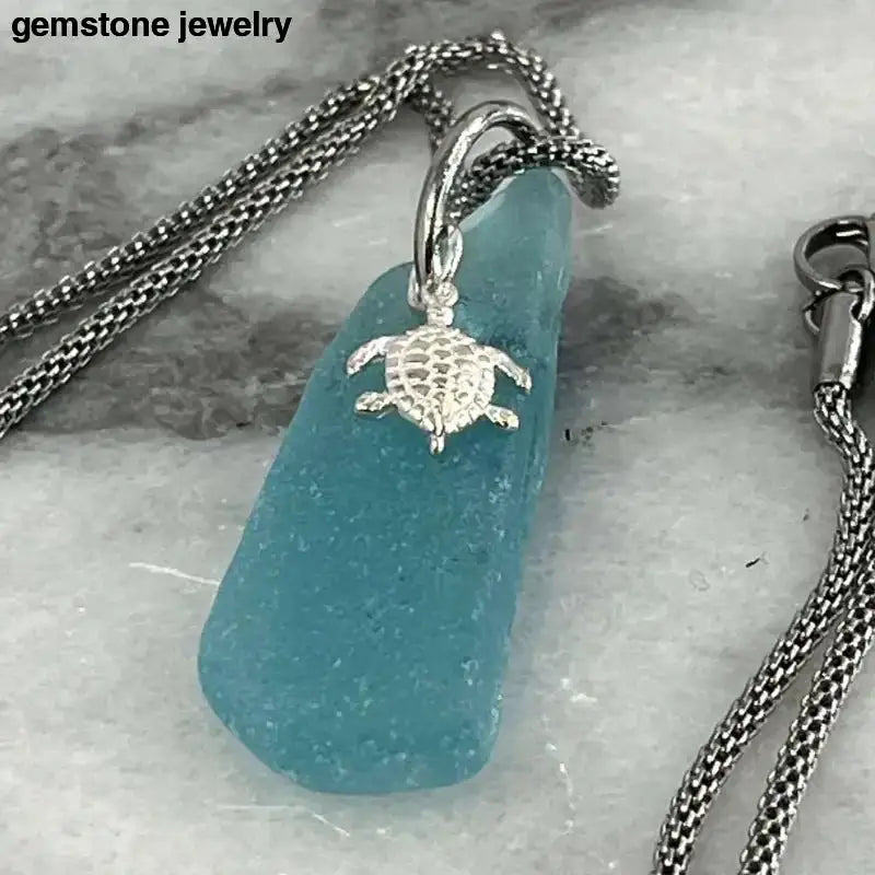 Teal Sea Glass Turtle Necklace with Gemstone Charm - Bec Sue Jewelry Shop