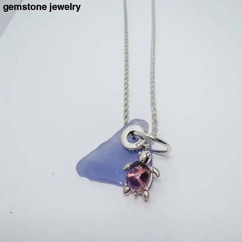 Teal Sea Glass Turtle Necklace with Gemstone Charm - Bec Sue Jewelry Shop