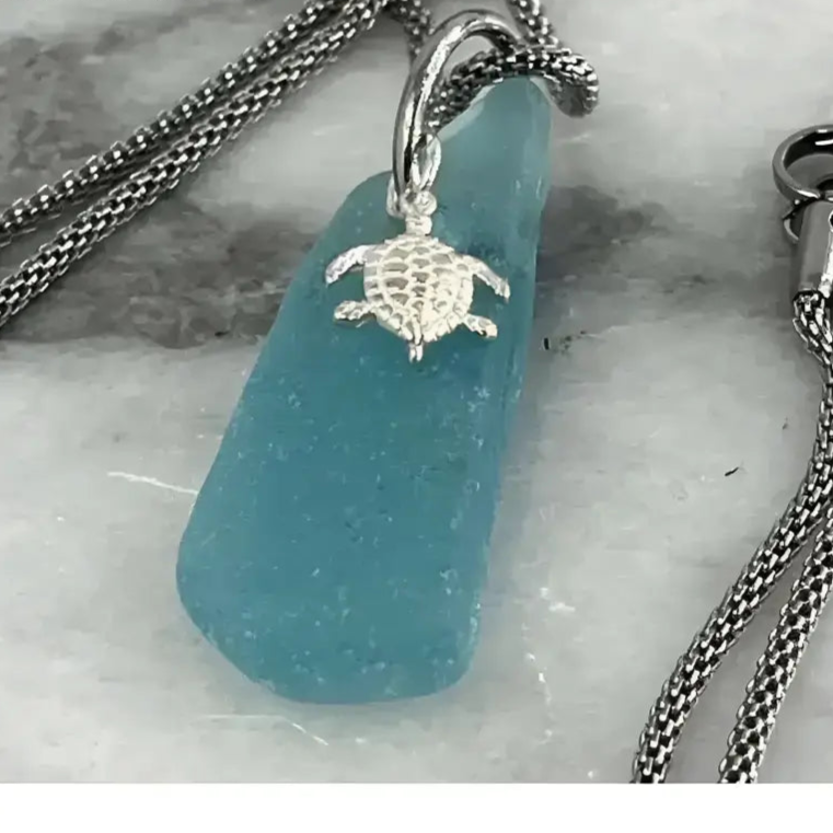 Blue sea glass turtle pendant necklace with gemstone charm, perfect for Bec Sue Jewelry
