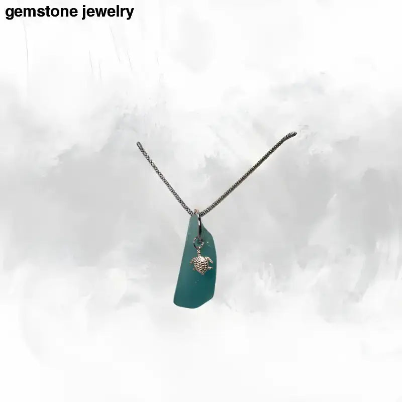Teal Sea Glass Turtle Necklace with Gemstone Charm - Bec Sue Jewelry Shop