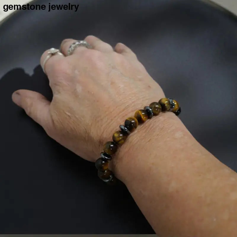 Tiger Eye and Hematite Beaded Bracelet showcasing a stylish tiger eye bracelet for protection