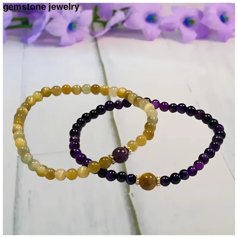 Tiger Eye and Purple Jasper Stretch Bracelets Set - Bec Sue Jewelry Shop