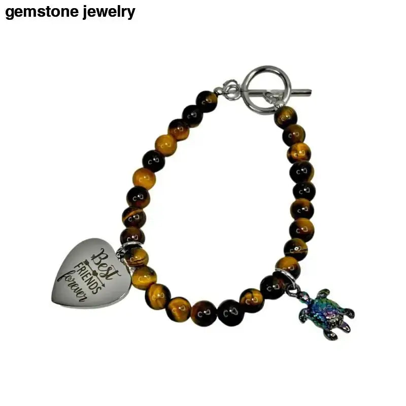 Tiger Eye Beaded Bracelet with Heart and Turtle Charms - Bec Sue Jewelry Shop