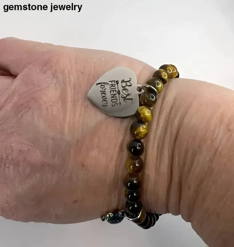 Tiger Eye Beaded Bracelet with Heart and Turtle Charms - Bec Sue Jewelry Shop