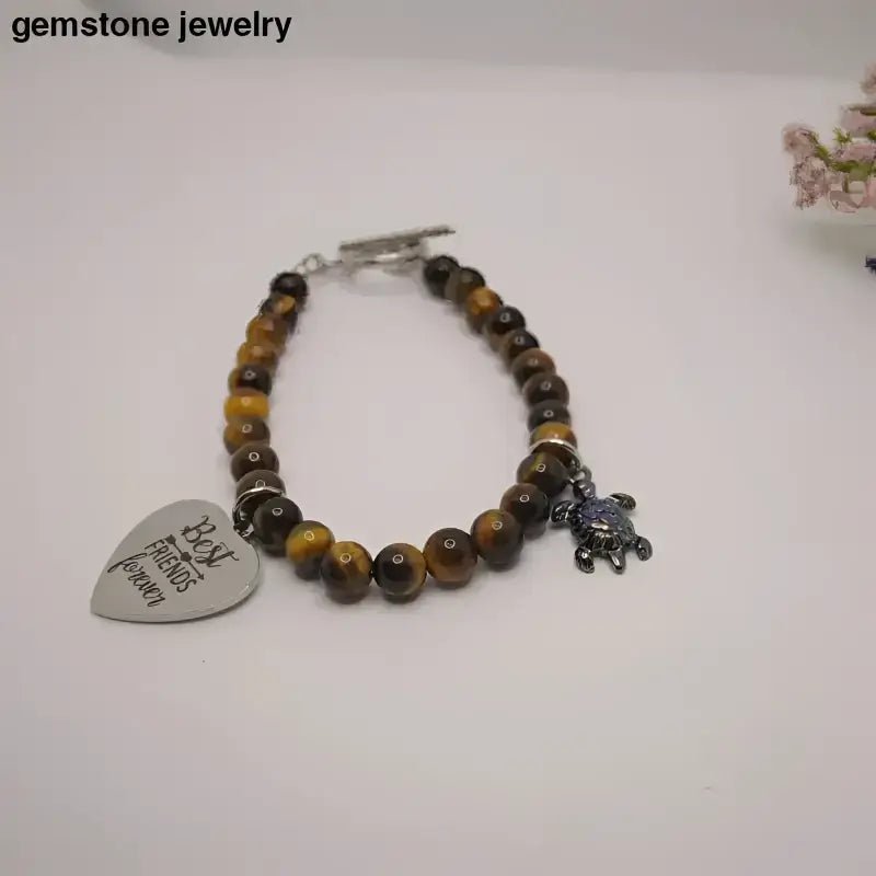 Tiger Eye Beaded Bracelet with Heart and Turtle Charms - Bec Sue Jewelry Shop