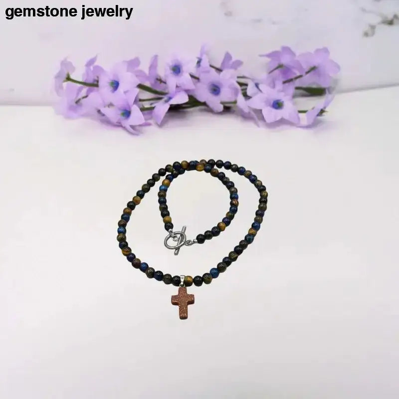 Tiger Eye Beaded Necklace with Cross Pendant - Bec Sue Jewelry Shop
