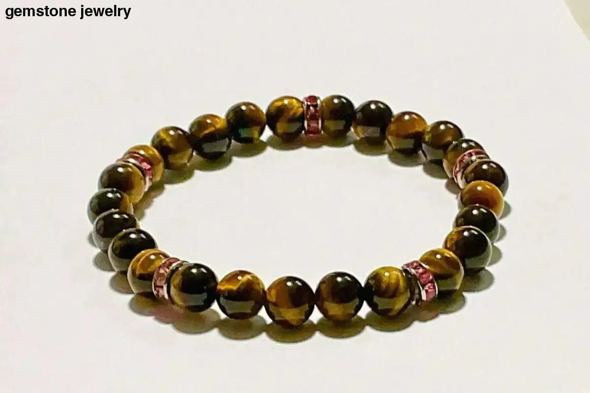 Tiger Eye Bracelet with Pink Rhinestone Accents - Bec Sue Jewelry Shop