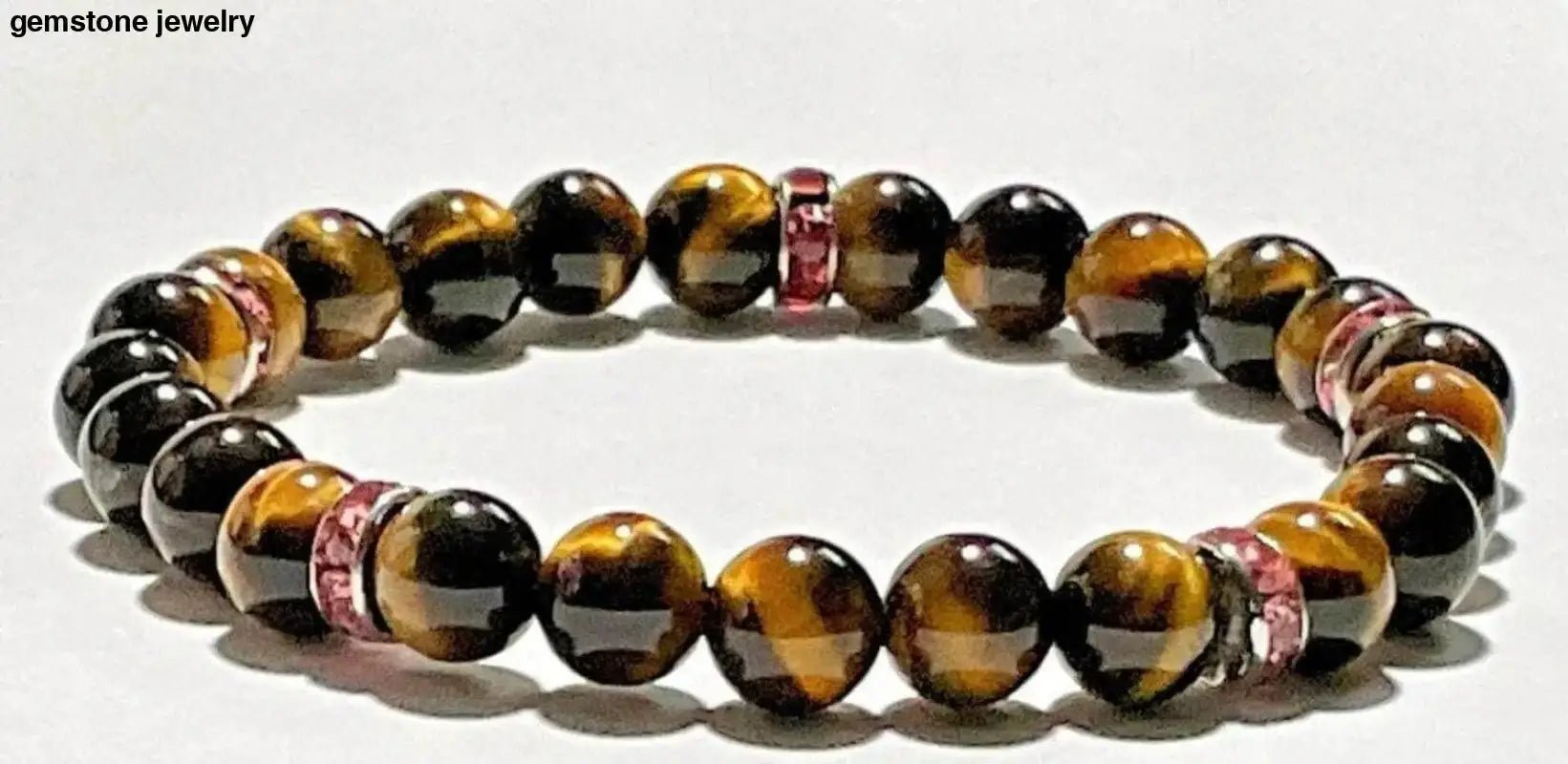 Tiger Eye Bracelet with Pink Rhinestone Accents - Bec Sue Jewelry Shop