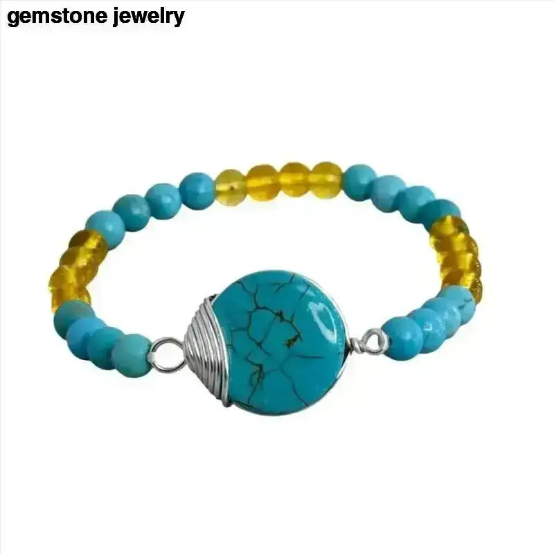 Turquoise and Yellow Citrine Beaded Stretch Bracelet - Bec Sue Jewelry Shop
