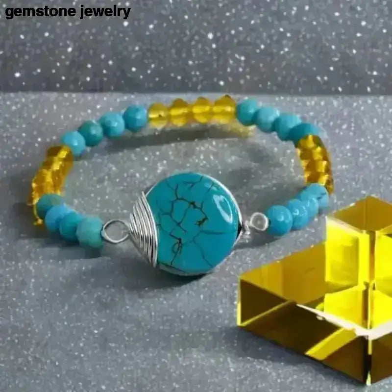 Turquoise and Yellow Citrine Beaded Stretch Bracelet - Bec Sue Jewelry Shop
