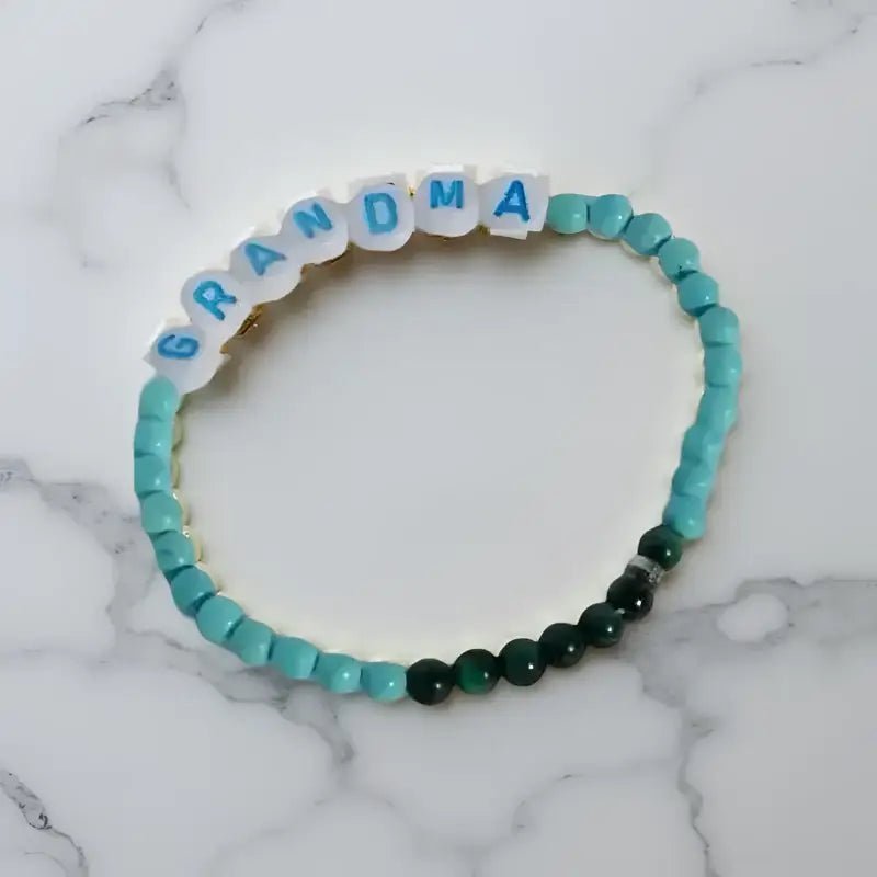 Turquoise Beaded Bracelet with Letter and Dark Accent Beads - Bec Sue Jewelry Shop