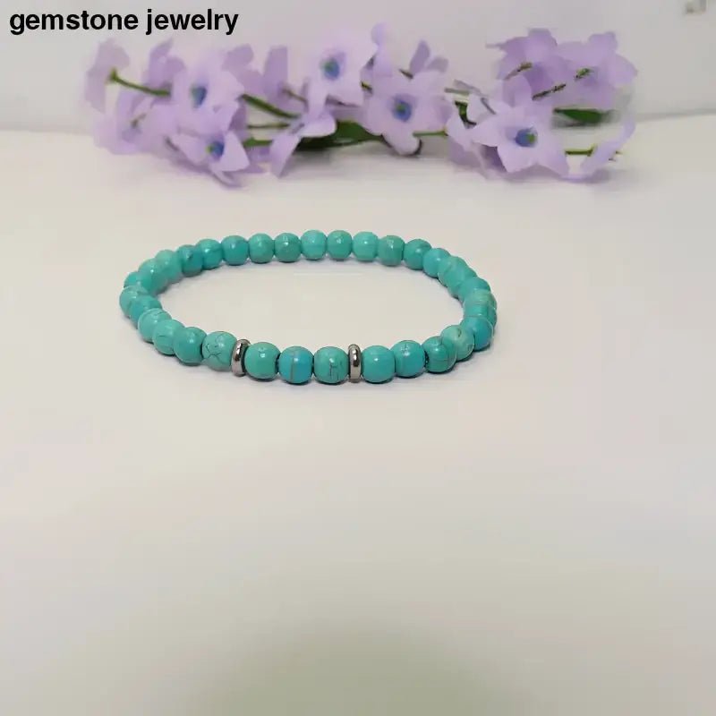 Turquoise Beaded Stretch Bracelet with Silver Spacer Beads - Bec Sue Jewelry Shop