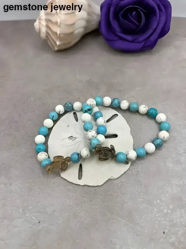 Turquoise Blue Turtle Bracelet with White Beads and Charm - Bec Sue Jewelry Shop