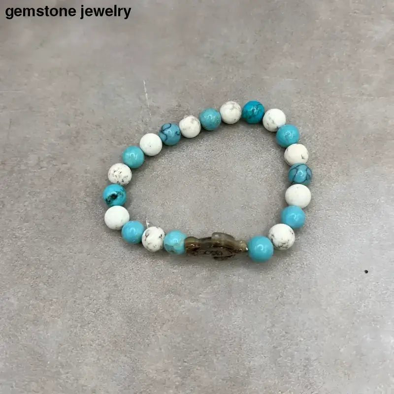 Turquoise Blue Turtle Bracelet with White Beads and Charm - Bec Sue Jewelry Shop
