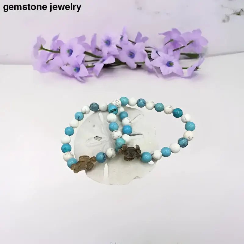 Turquoise Blue Turtle Bracelet with White Beads and Charm - Bec Sue Jewelry Shop