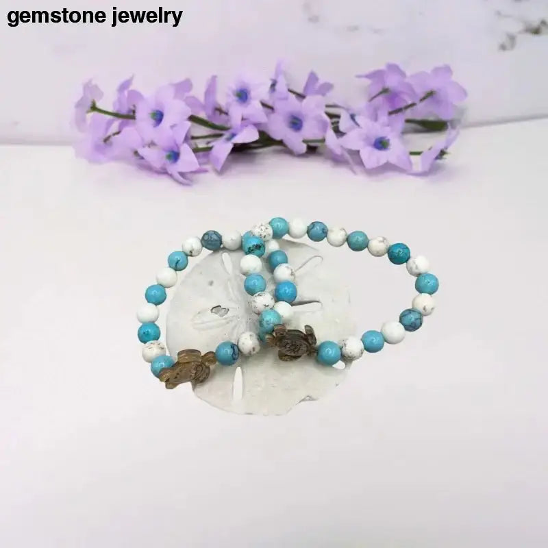 Turquoise Blue Turtle Bracelet with White Beads and Charm - Bec Sue Jewelry Shop