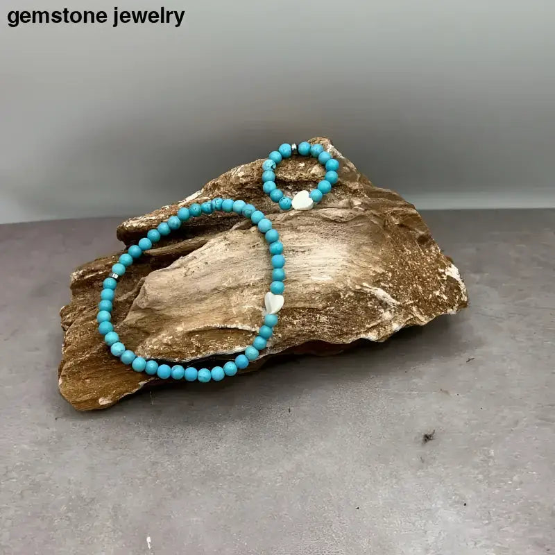Turquoise Bracelet and Matching Ring Jewelry Set with Heart Charms - Bec Sue Jewelry Shop