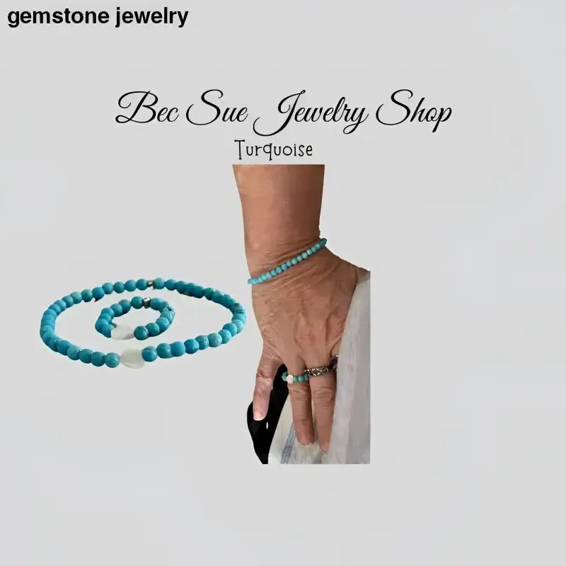 Turquoise Bracelet and Matching Ring Jewelry Set with Heart Charms - Bec Sue Jewelry Shop