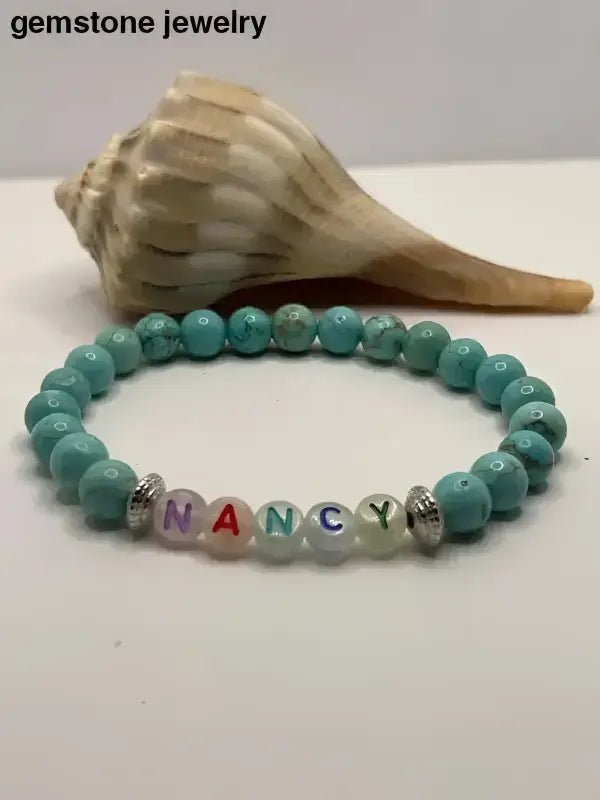Turquoise Healing Stone Beaded Bracelet with Name - Bec Sue Jewelry Shop