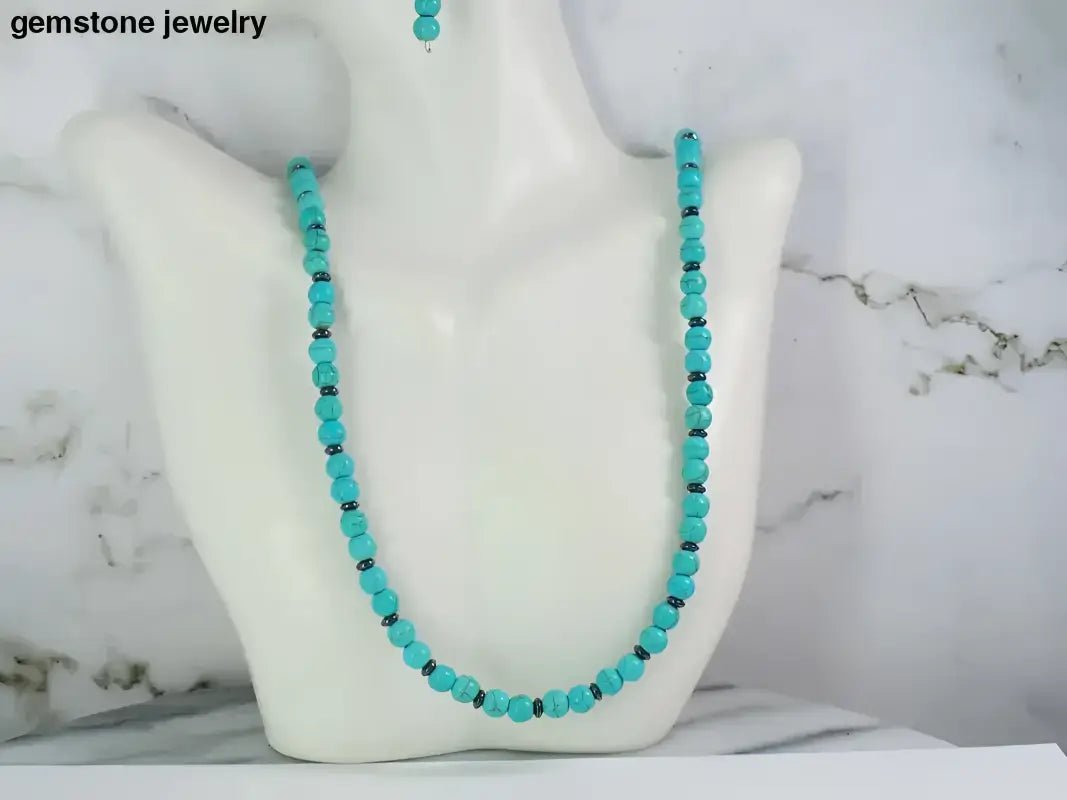 Turquoise Jewelry Gemstone Necklace with Silver Spacer Beads - Bec Sue Jewelry Shop