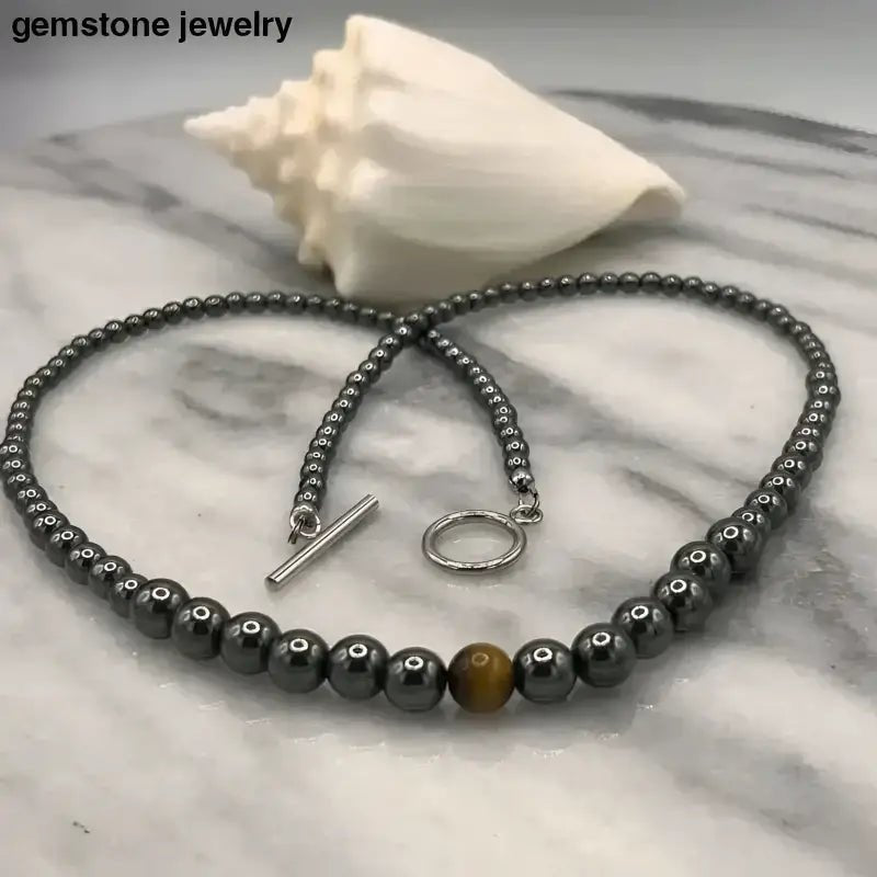 Unique Handmade Mens Hematite and Tiger's Eye Necklace - Bec Sue Jewelry Shop