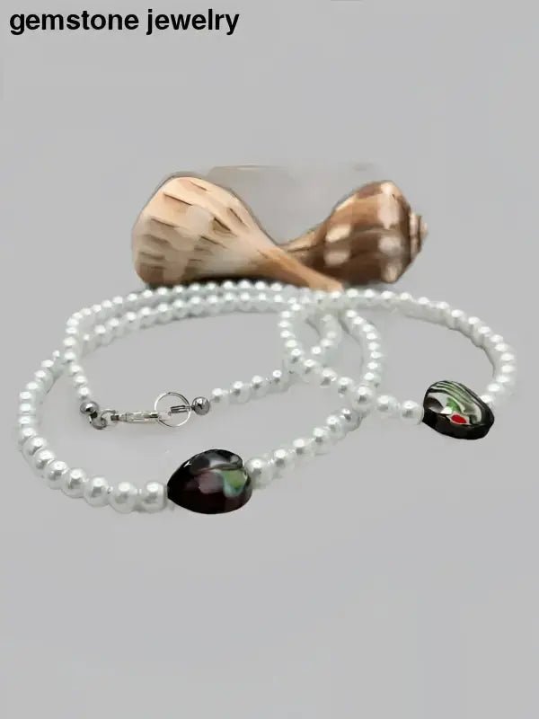 White Glass Pearl Necklace with Decorative Beads - Bec Sue Jewelry Shop