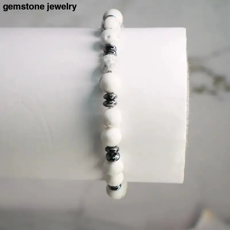 White Howlite Beaded Bracelet with Metallic Spacer Beads - Bec Sue Jewelry Shop