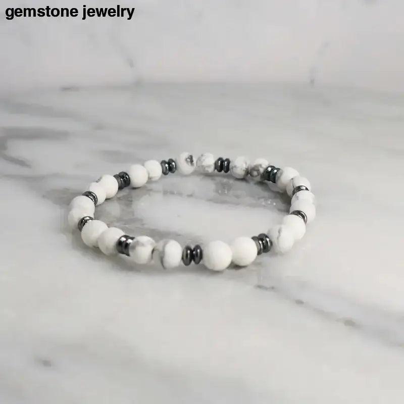 White Howlite Beaded Bracelet with Metallic Spacer Beads - Bec Sue Jewelry Shop