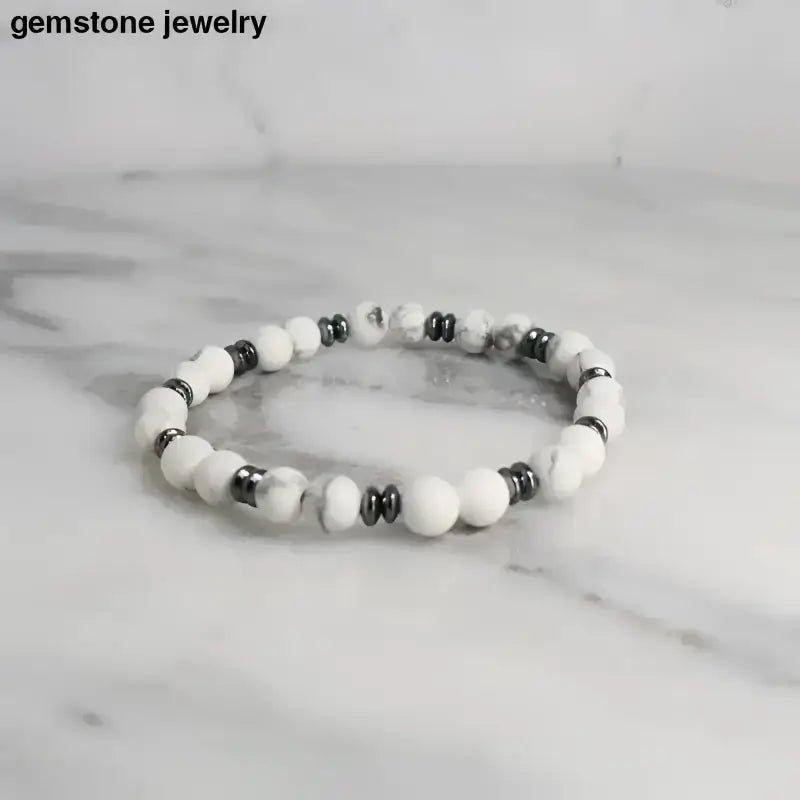 White Howlite Beaded Bracelet with Metallic Spacer Beads - Bec Sue Jewelry Shop