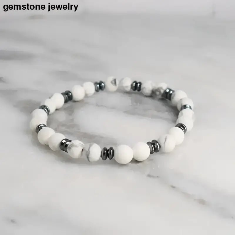 White Howlite Beaded Bracelet with Metallic Spacer Beads - Bec Sue Jewelry Shop