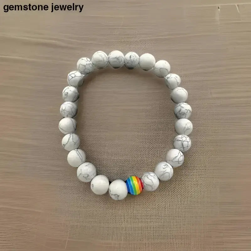 White Howlite Gemstone Stretch Bracelet with Rainbow Bead - Bec Sue Jewelry Shop